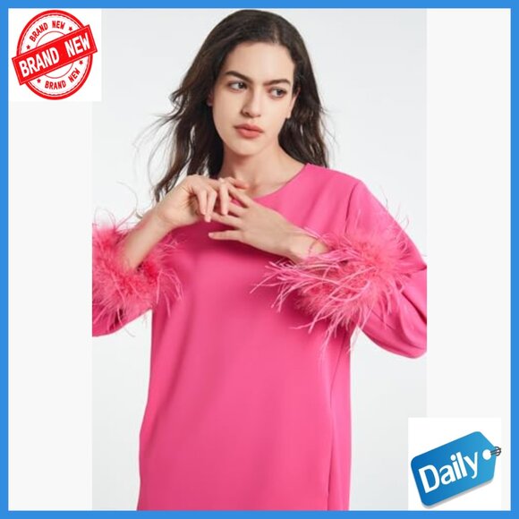 Feather Trim Mini Dress 3/4 Sleeves Sheath Cocktail Party Wedding Guest - Picture 2 of 7